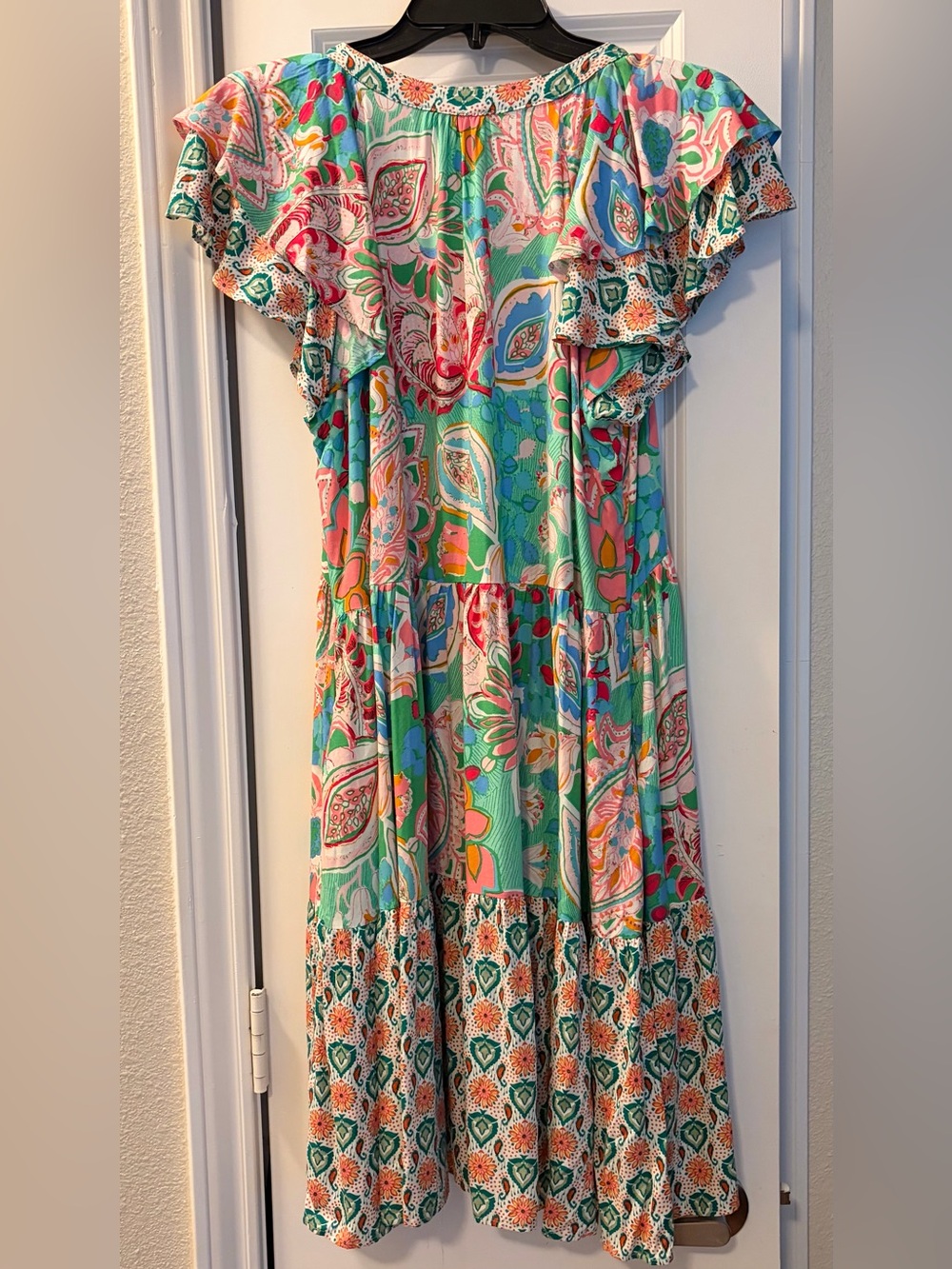Floral Paisley V-Neck Dress in Teal and Pink - Picture 2 of 7